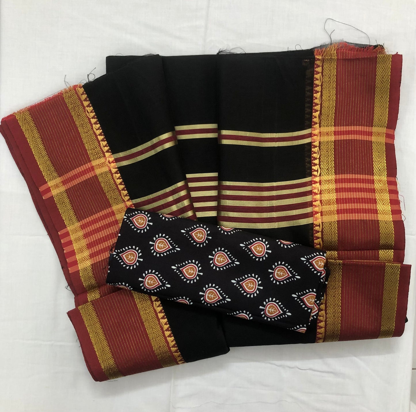 Black Pure Cotton Saree with Red and Golden Zari Stripes