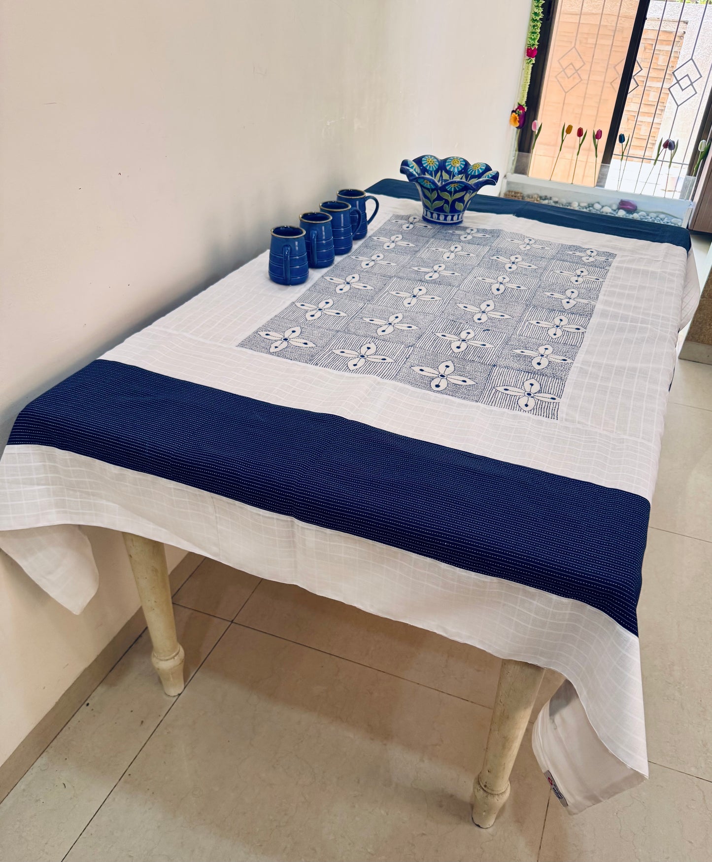 BLUE AND WHITE KANTHA COTTON TABLE COVER