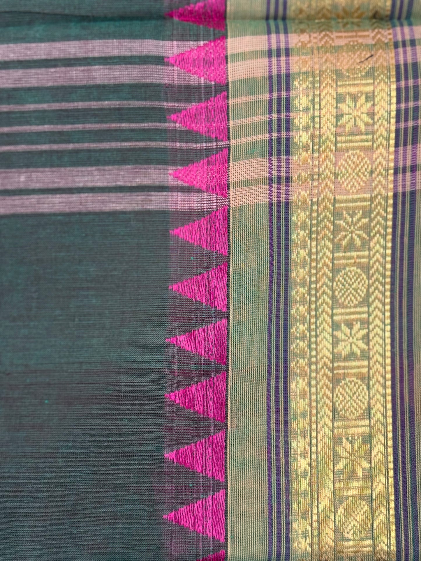 Green Pure Cotton Saree with Purple and Golden Temple Border