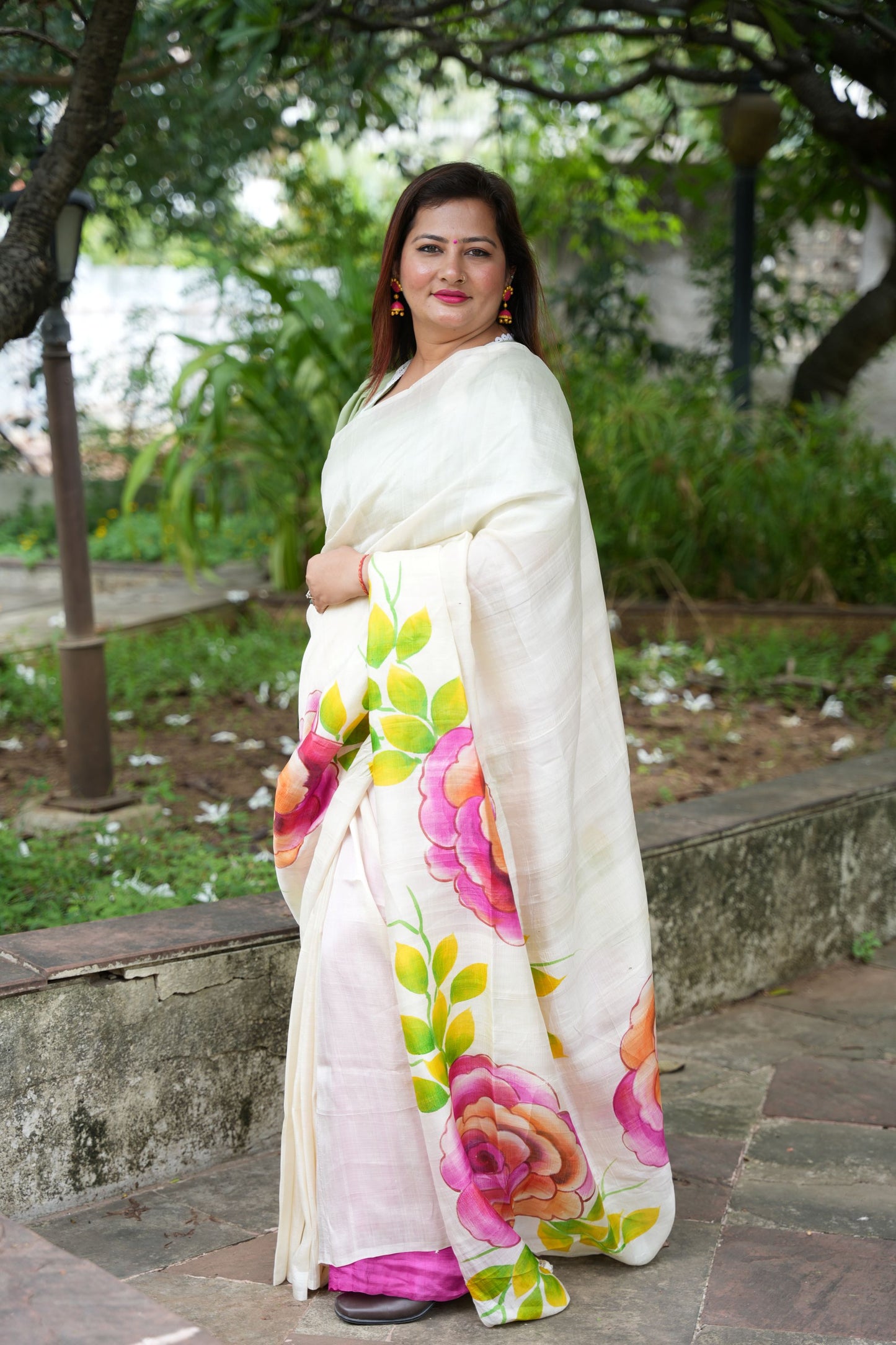 hand painted white silk saree