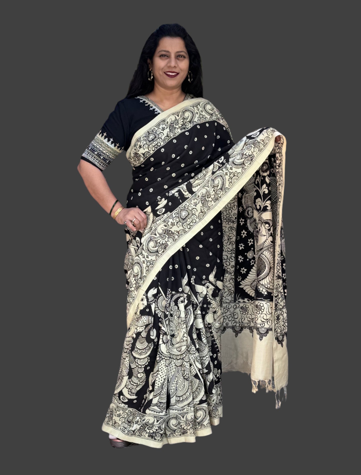 Black silk kalamkari saree