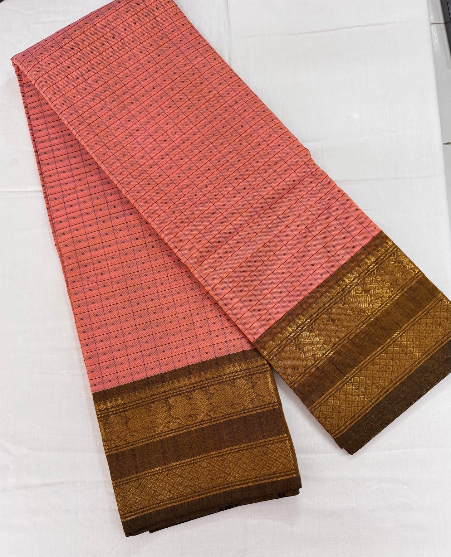 Peach Pure Cotton Thousand Butta Saree with Green and Golden Border