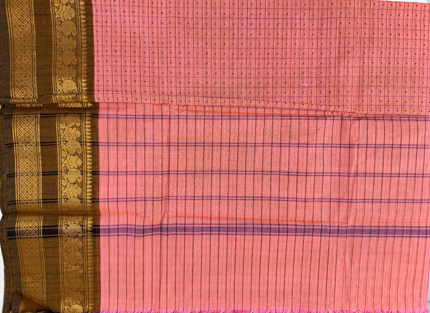 Peach Pure Cotton Thousand Butta Saree with Green and Golden Border