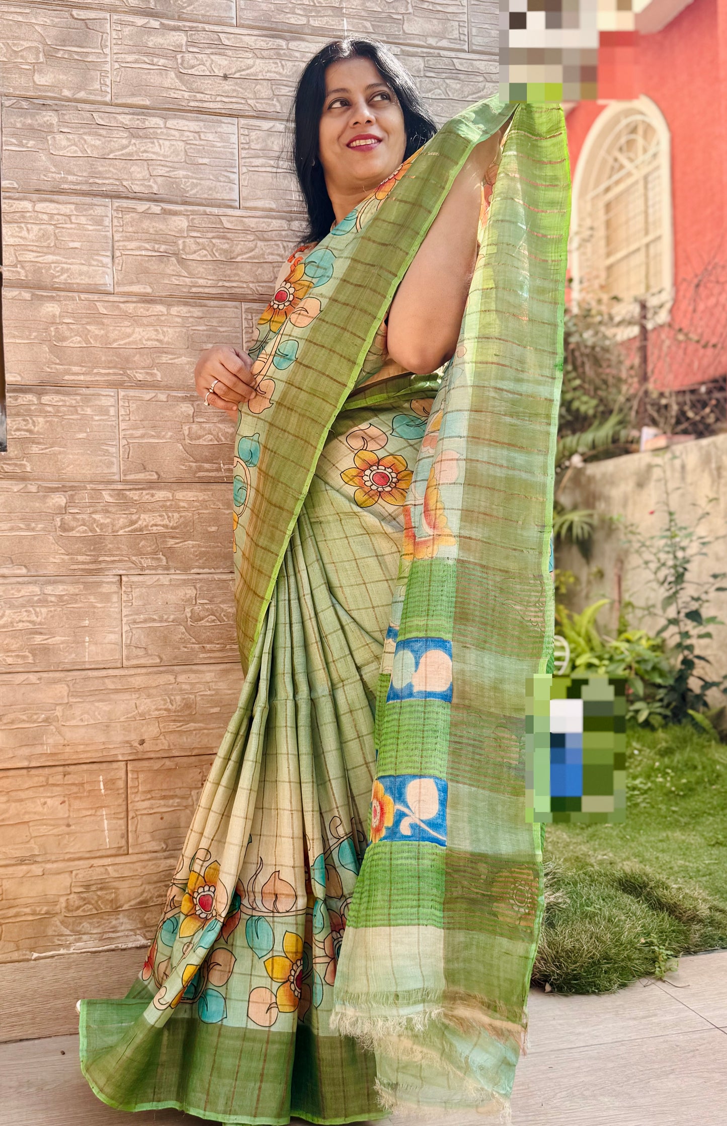 YATIKA : HAND-PAINTED TUSSAR SILK SAREE WITH ZARI CHECKS