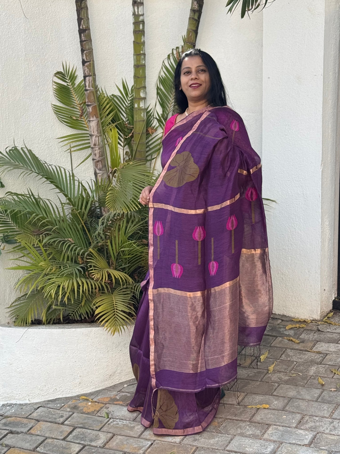 SHREE : SILK LINEN SAREE WITH LOTUS