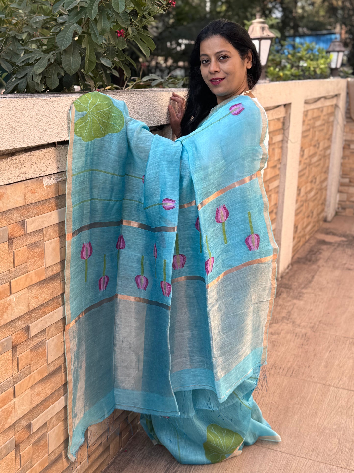 INDIVARA : SILK LINEN SAREE WITH LOTUS