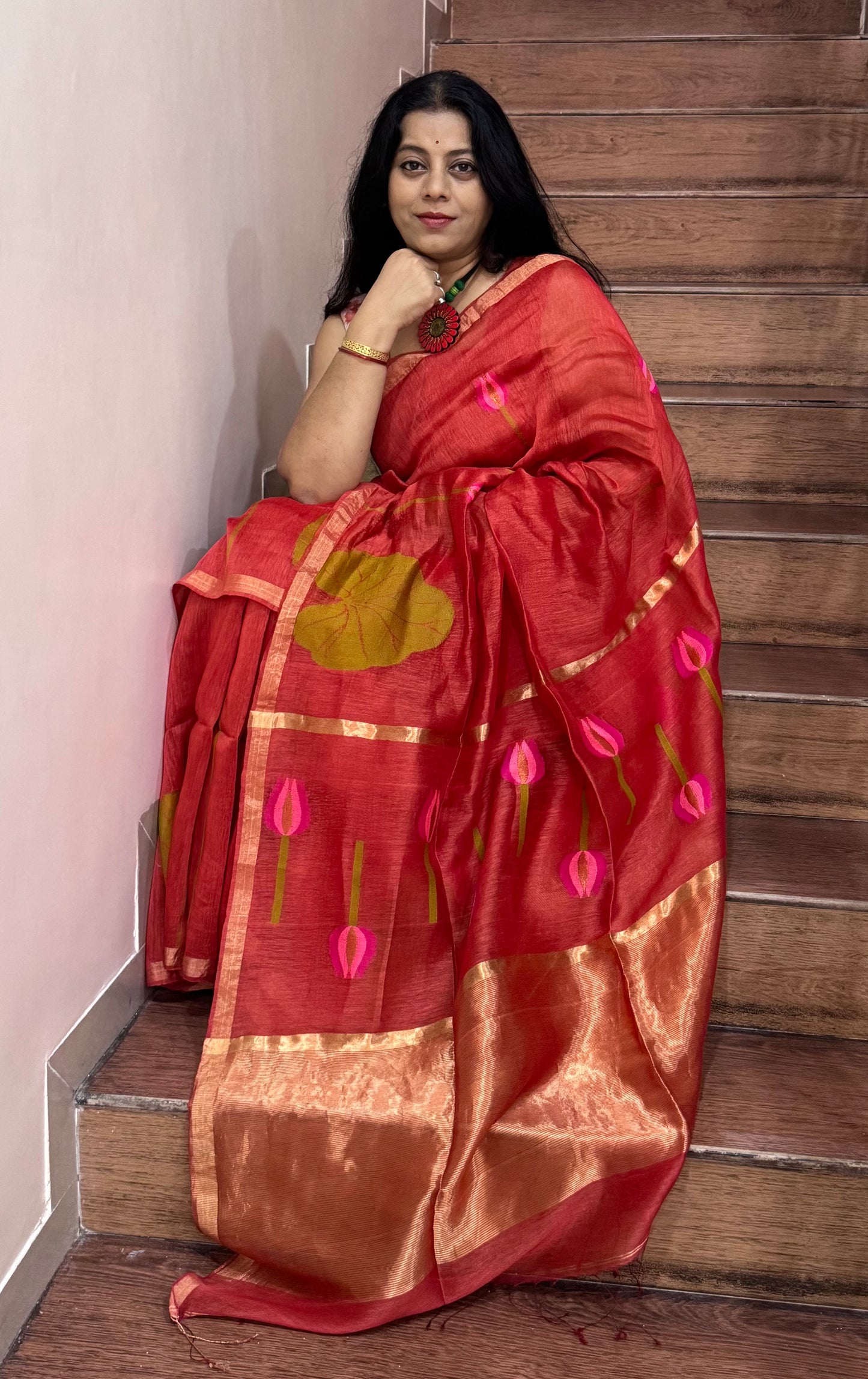 LAKSHMI : SILK LINEN SAREE WITH LOTUS