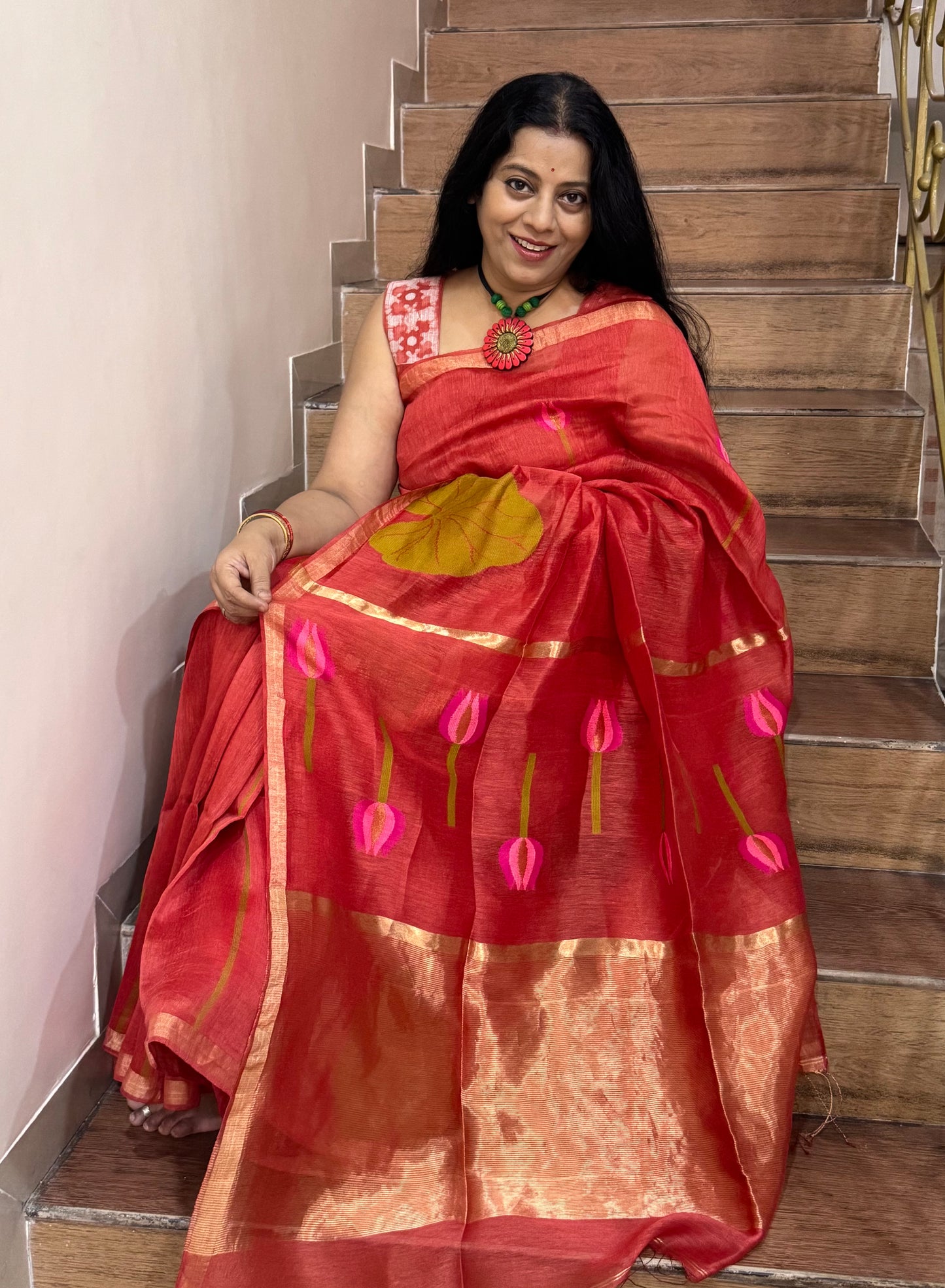 LAKSHMI : SILK LINEN SAREE WITH LOTUS