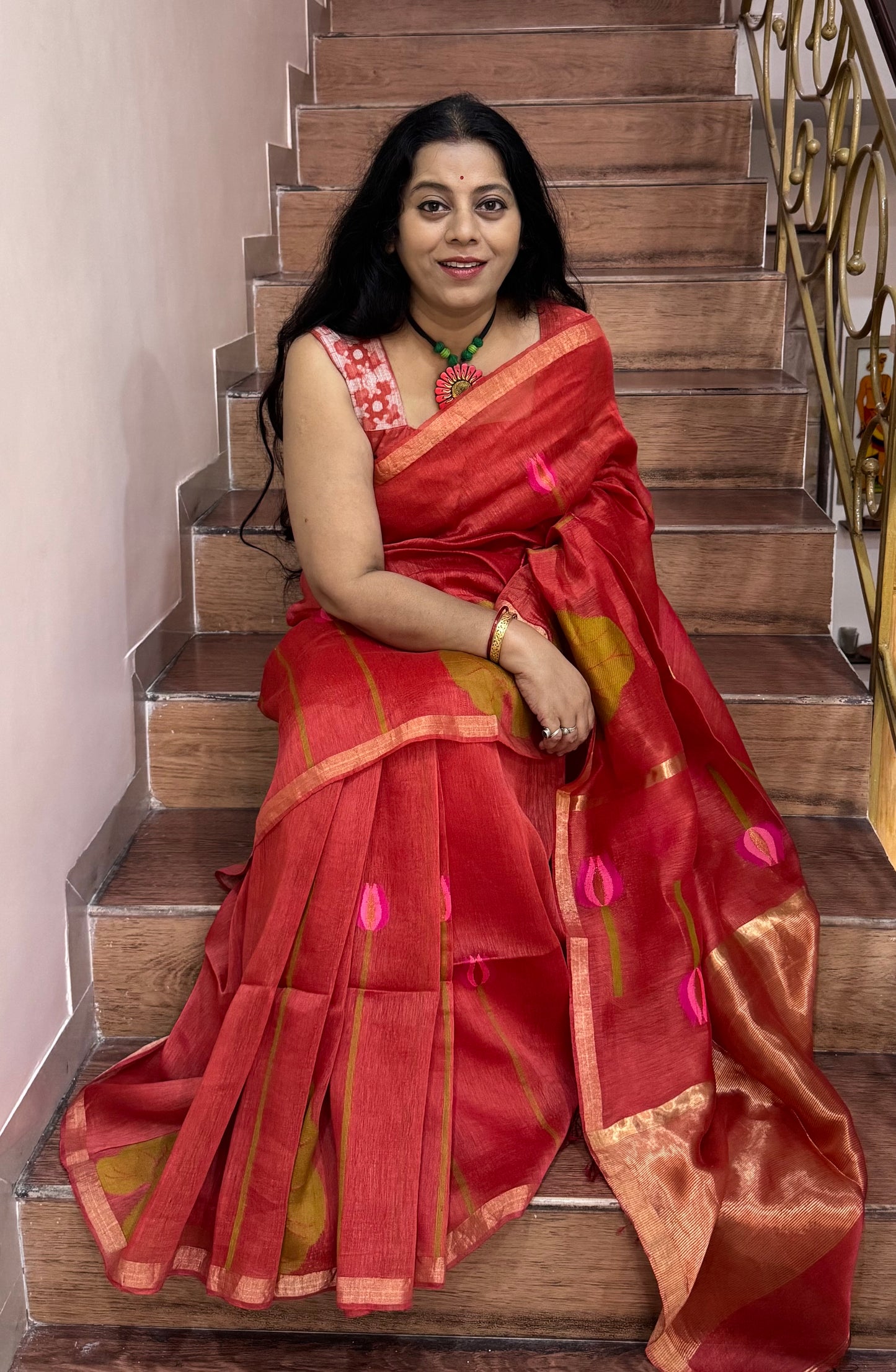 LAKSHMI : SILK LINEN SAREE WITH LOTUS
