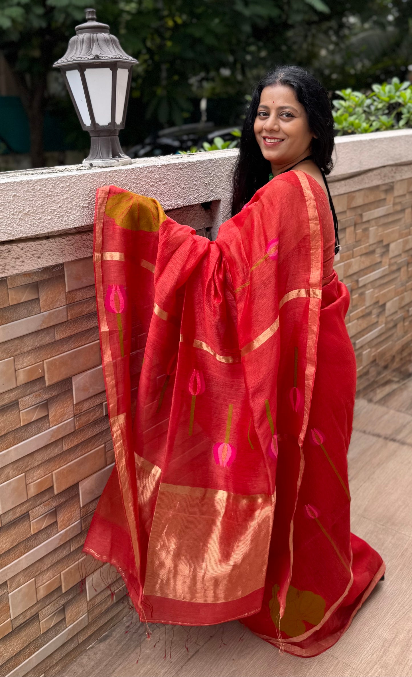 LAKSHMI : SILK LINEN SAREE WITH LOTUS