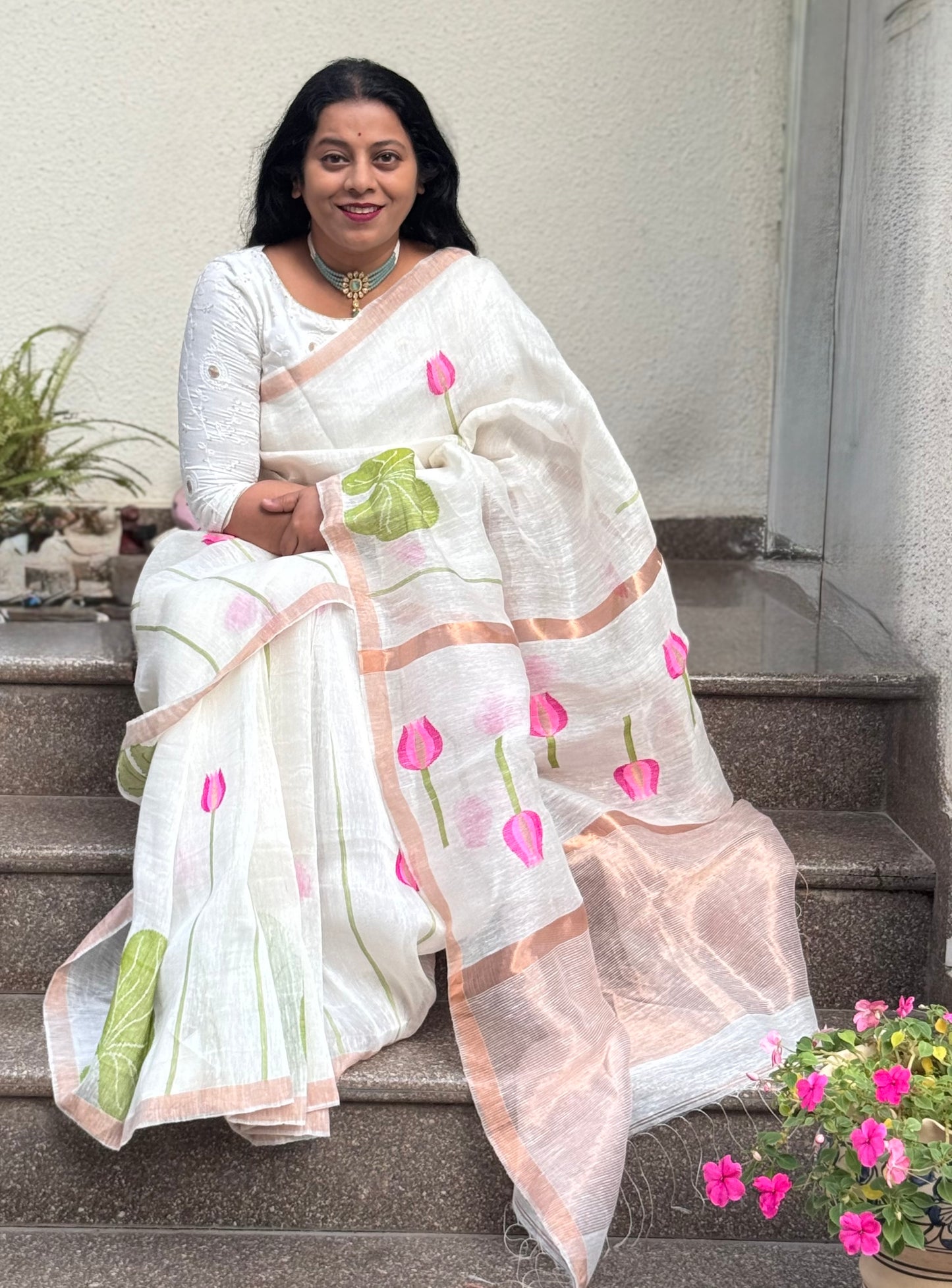 SARASWATI : SILK LINEN SAREE WITH LOTUS