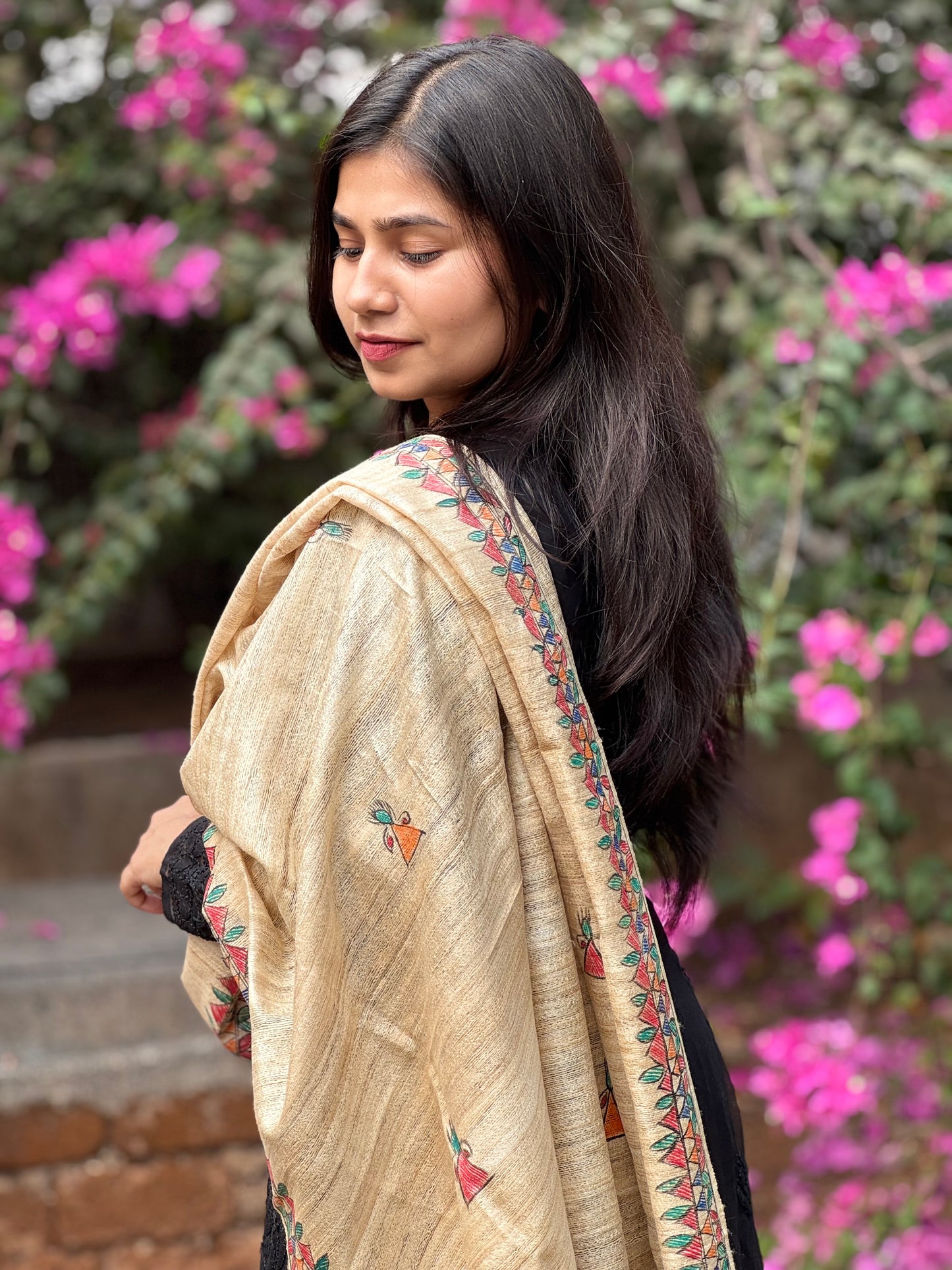 HANDWOVEN TUSSAR GEECHA SILK MADHUBANI HAND PAINTED DUPATTA