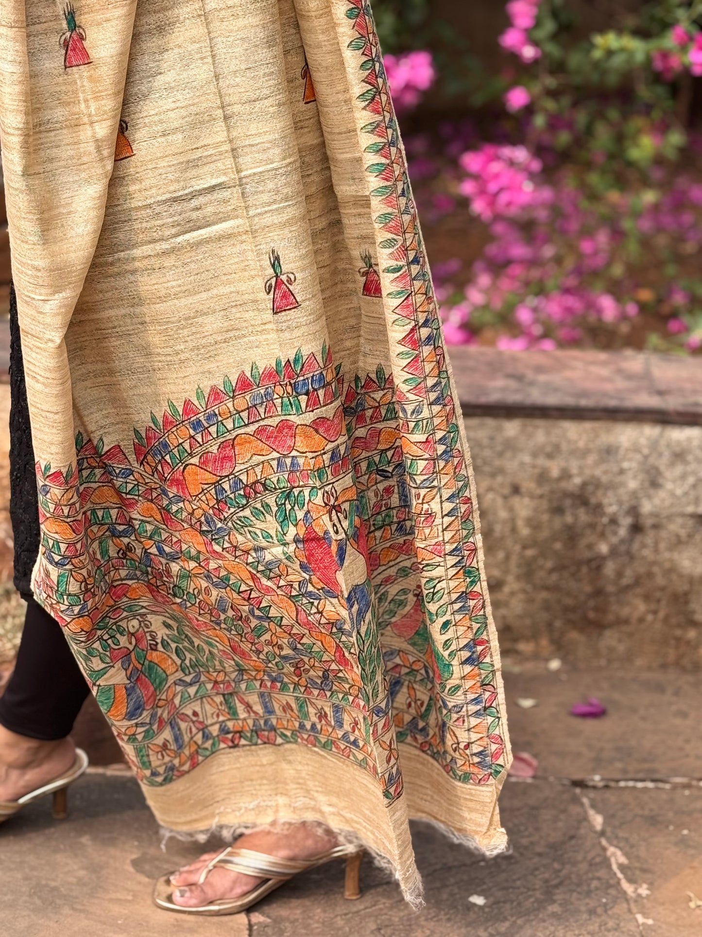 HANDWOVEN TUSSAR GEECHA SILK MADHUBANI HAND PAINTED DUPATTA