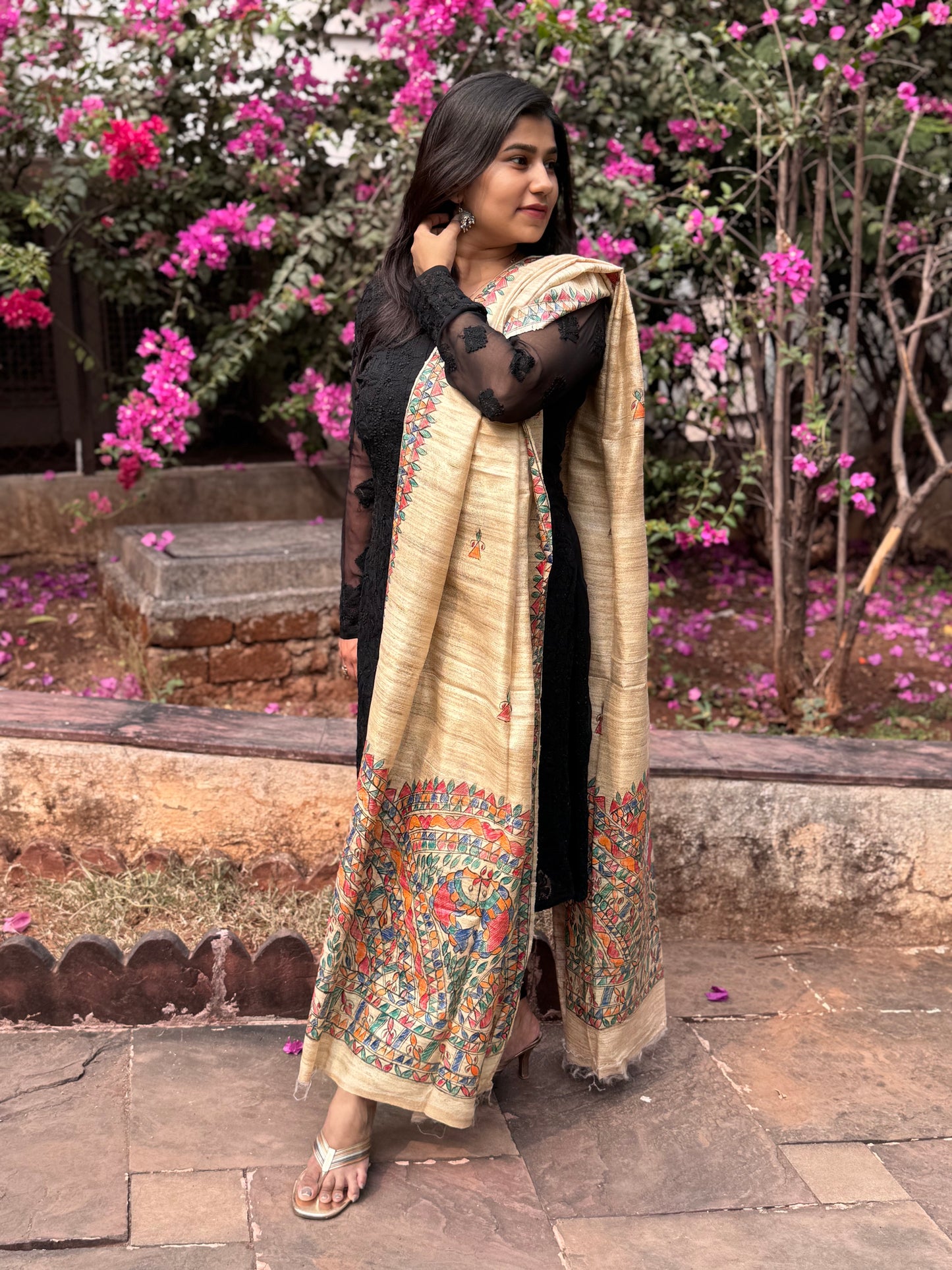HANDWOVEN TUSSAR GEECHA SILK MADHUBANI HAND PAINTED DUPATTA