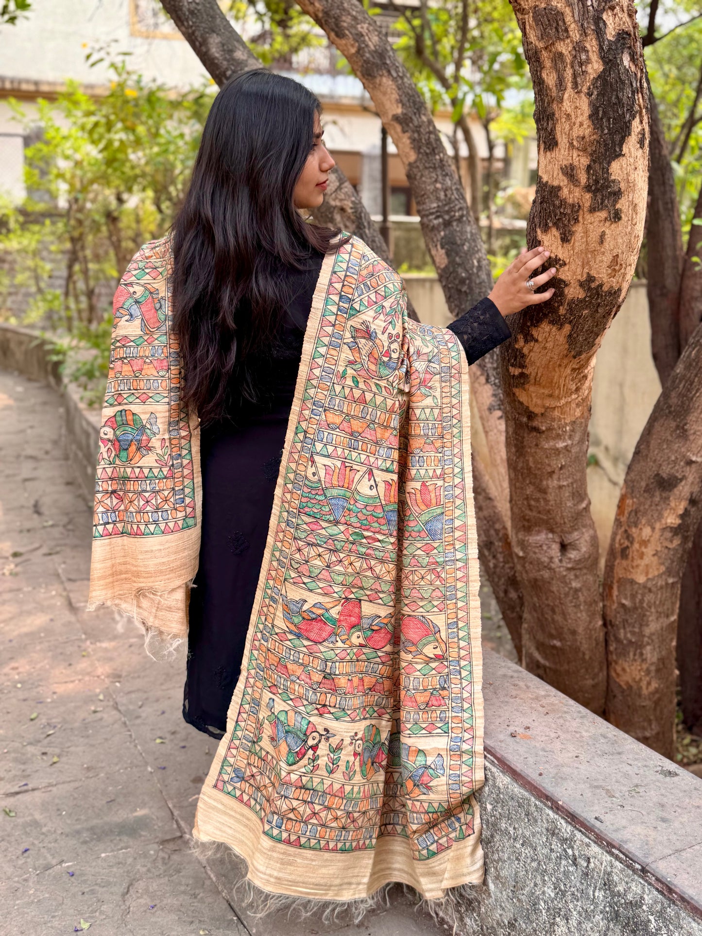 HANDWOVEN TUSSAR GEECHA SILK MADHUBANI HAND PAINTED DUPATTA