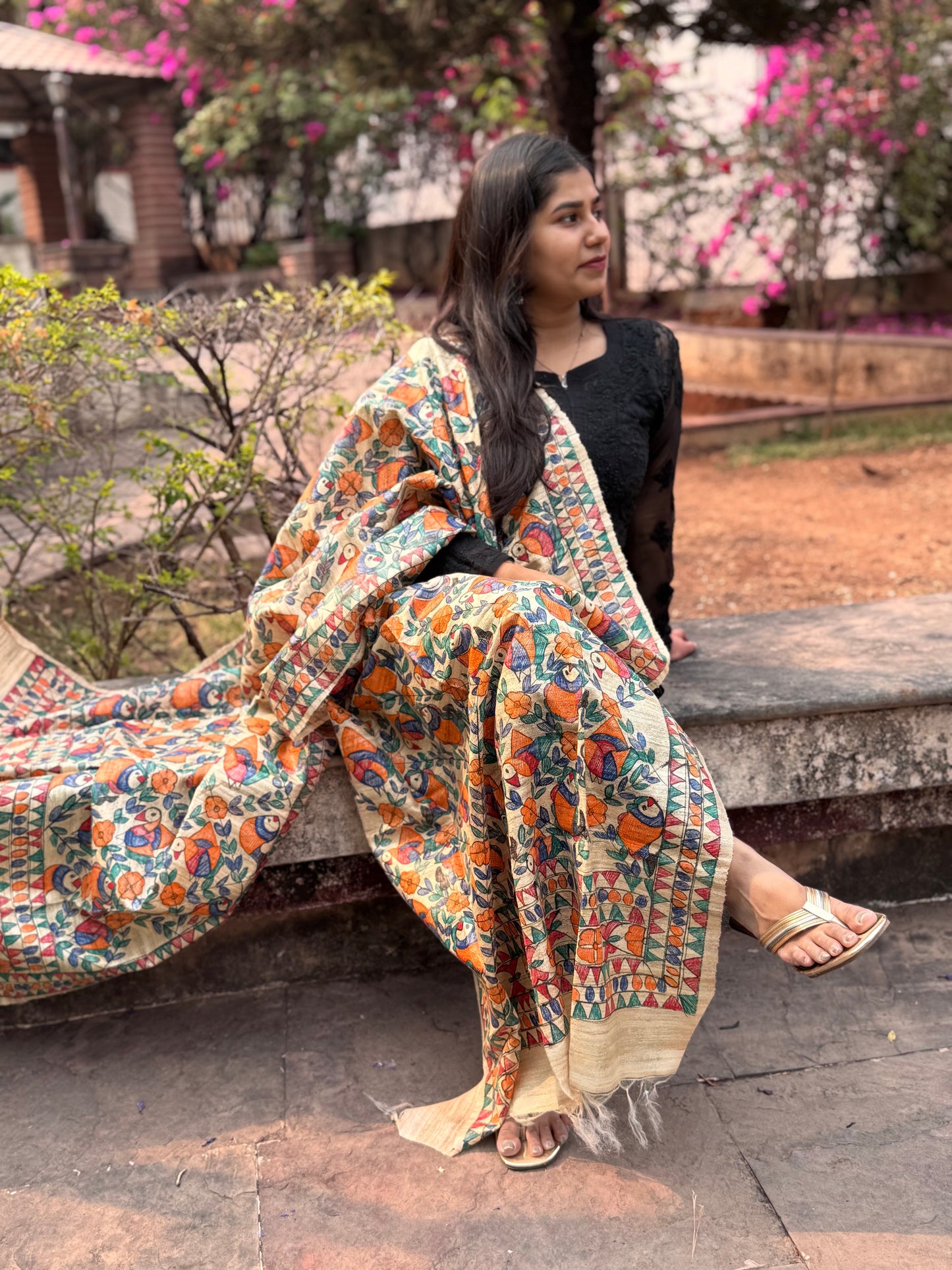 HANDWOVEN TUSSAR GEECHA SILK MADHUBANI HAND PAINTED DUPATTA