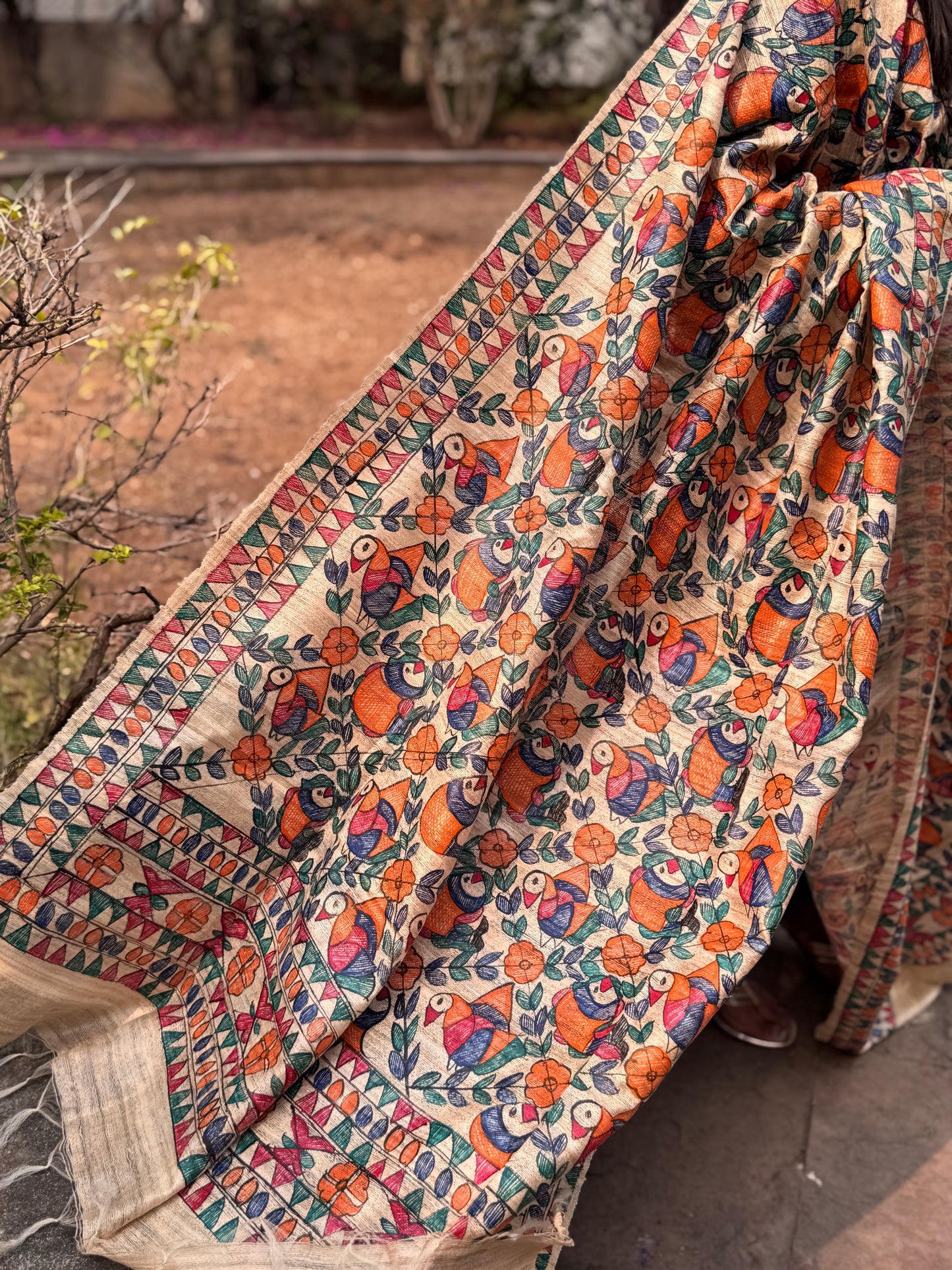 HANDWOVEN TUSSAR GEECHA SILK MADHUBANI HAND PAINTED DUPATTA