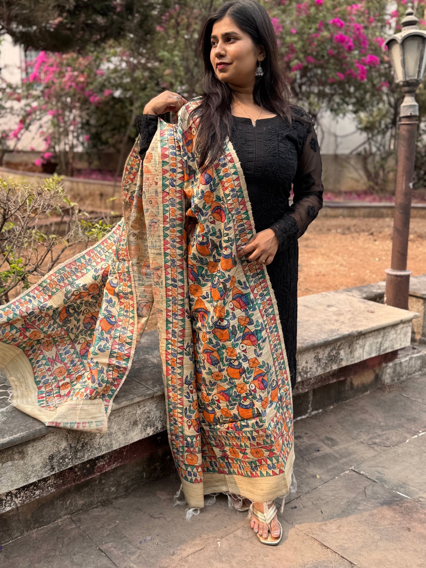 HANDWOVEN TUSSAR GEECHA SILK MADHUBANI HAND PAINTED DUPATTA