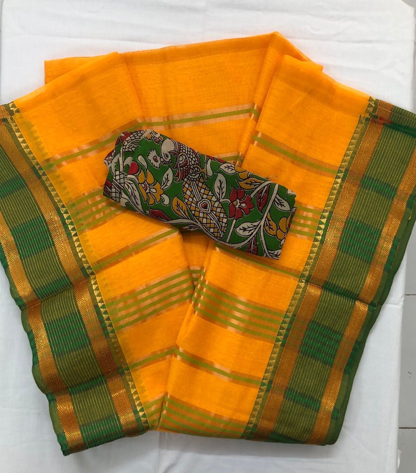Yellow Pure Cotton Saree with Green stripes and Golden Zari
