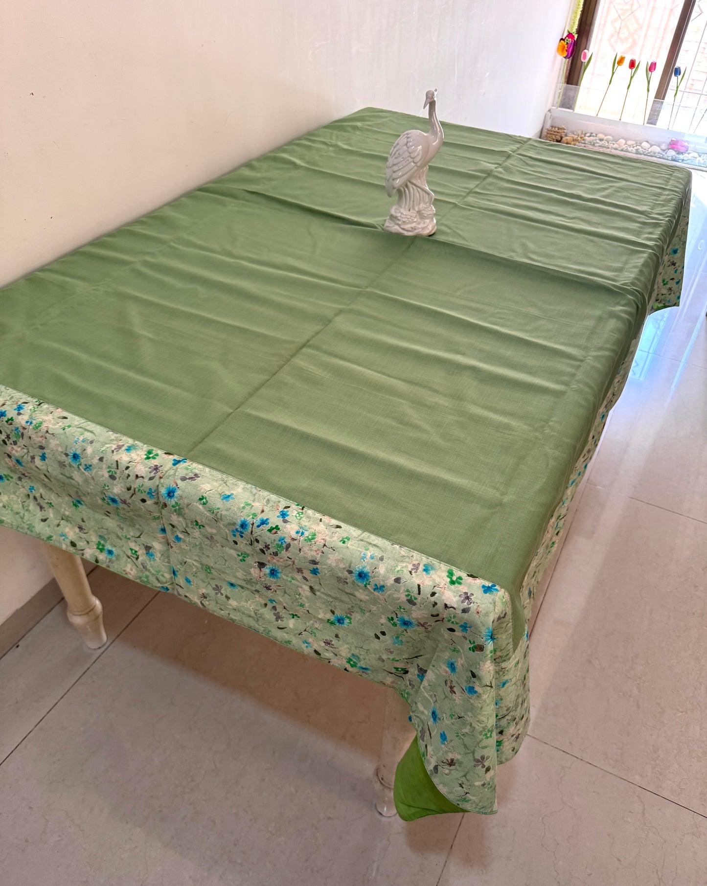 PLAIN GREEN WITH FLORAL COTTON TABLE COVER