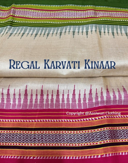 Regal Karvati Kinaar : Named for its majestic borders and towering precision, this heritage weave celebrates the apex of handloom artistry—where structural heritage meets natural golden radiance.