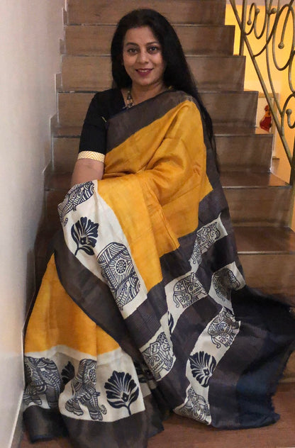 SUVARNA : BLOCK PRINTED TUSSAR SILK SAREE