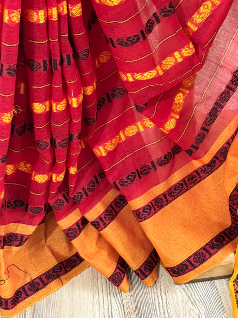 REKHA :BLACK AND RED COTTON SAREE WITH RUDRAKSHA MOTIF