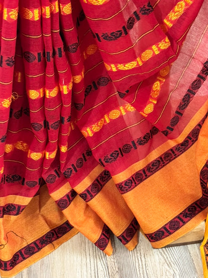 REKHA :BLACK AND RED COTTON SAREE WITH RUDRAKSHA MOTIF
