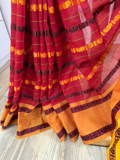 REKHA :BLACK AND RED COTTON SAREE WITH RUDRAKSHA MOTIF