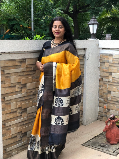 SUVARNA : BLOCK PRINTED TUSSAR SILK SAREE