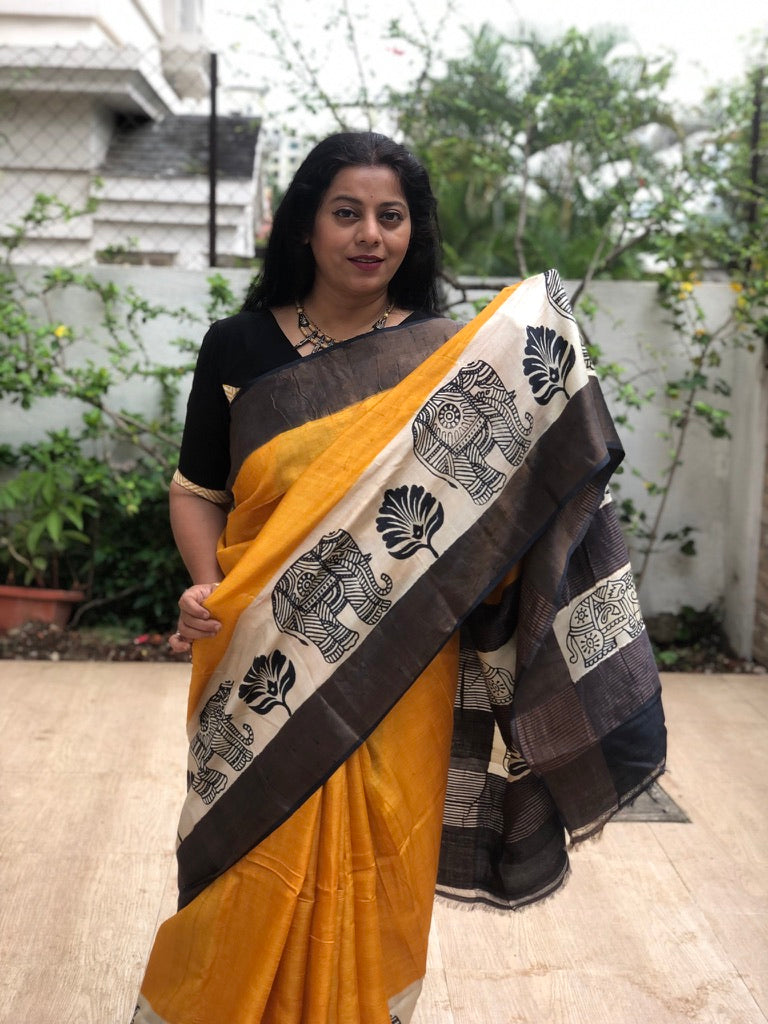 SUVARNA : BLOCK PRINTED TUSSAR SILK SAREE
