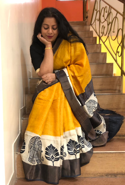 SUVARNA : BLOCK PRINTED TUSSAR SILK SAREE