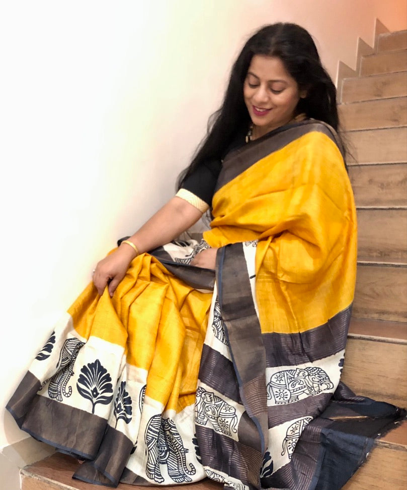 SUVARNA : BLOCK PRINTED TUSSAR SILK SAREE