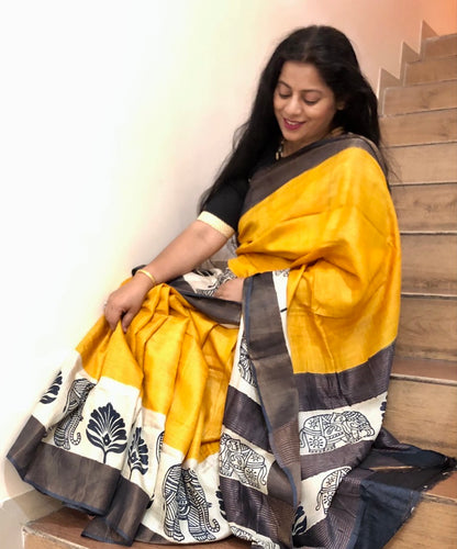 SUVARNA : BLOCK PRINTED TUSSAR SILK SAREE