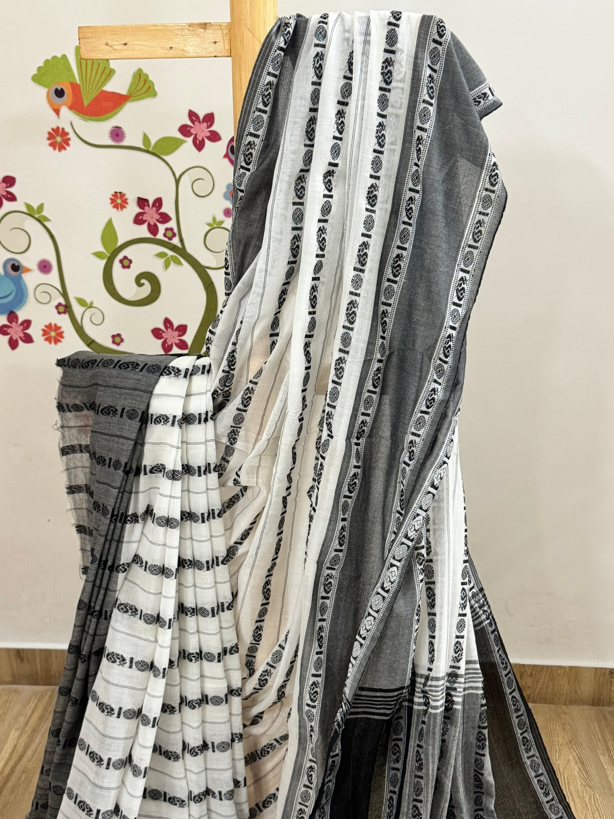WANI :BLACK AND WHITE COTTON SAREE WITH RUDRAKSHA MOTIF