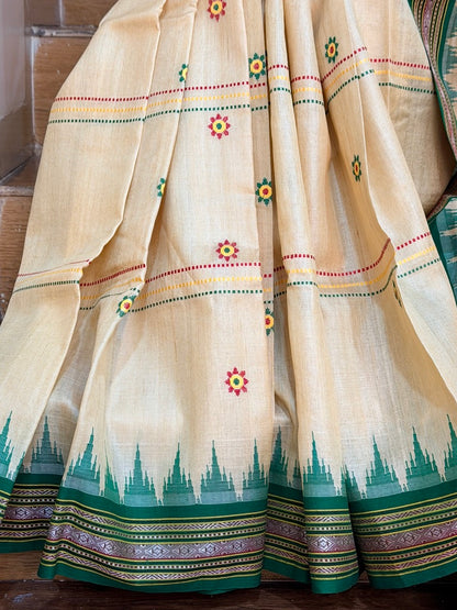 SHAMBHAVI : KARVATI KINAAR TUSSAR SILK JHALA PALLA WITH VERTICLE WOVEN STRIPES, RED AND GREEN BORDERS