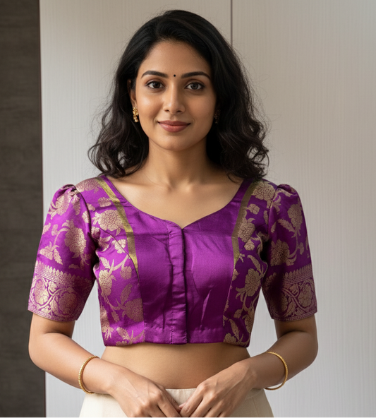 Woman wearing a purple blouse with gold patterns against a neutral background