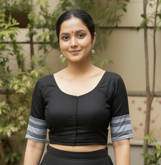 Woman wearing a black blouse with gray sleeves standing outdoors.