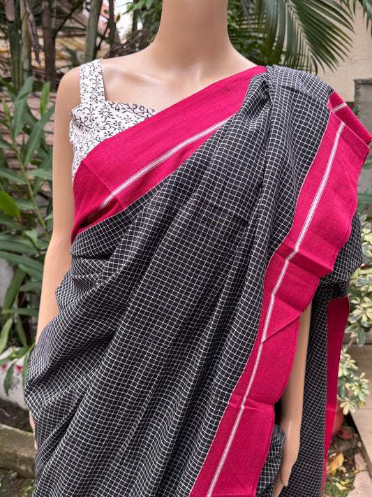 Handloom black saree with white checks and red border 