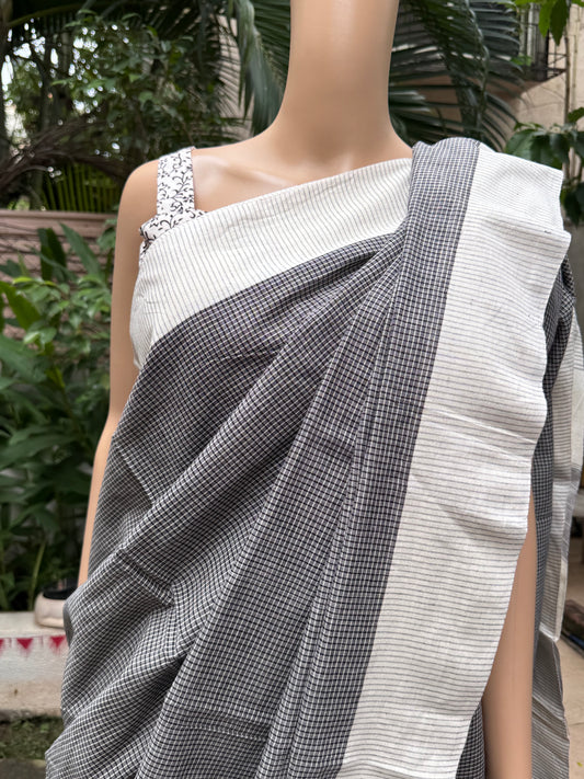 Handloom black checks with white border saree