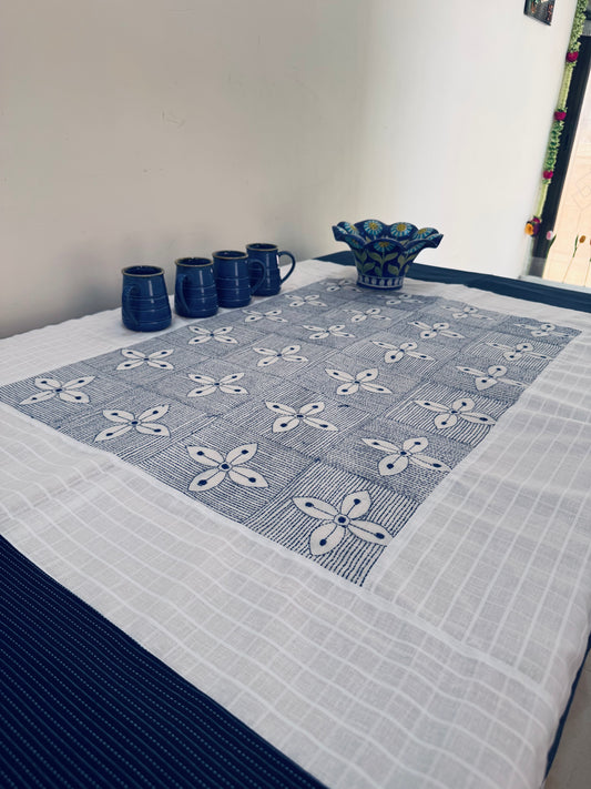 BLUE AND WHITE KANTHA COTTON TABLE COVER