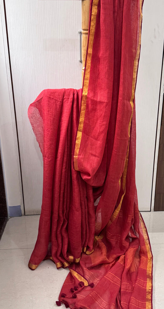brick red linen saree