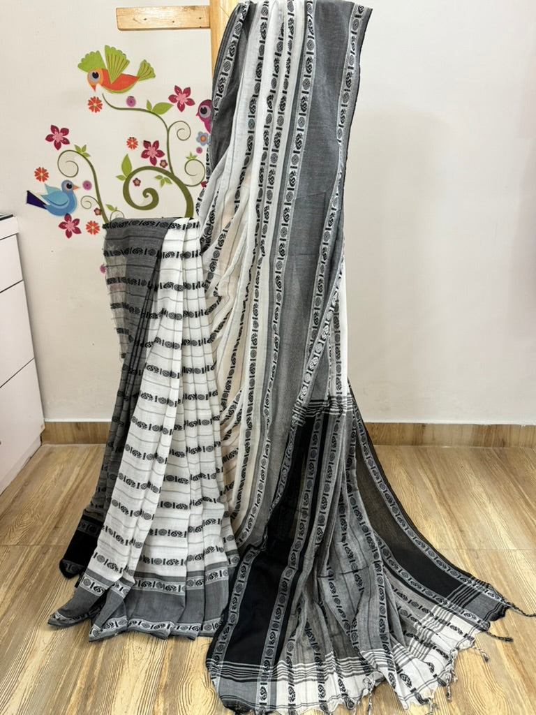 WANI :BLACK AND WHITE COTTON SAREE WITH RUDRAKSHA MOTIF