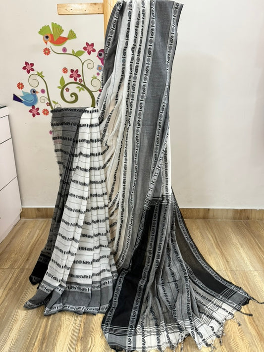 WANI :BLACK AND WHITE COTTON SAREE WITH RUDRAKSHA MOTIF