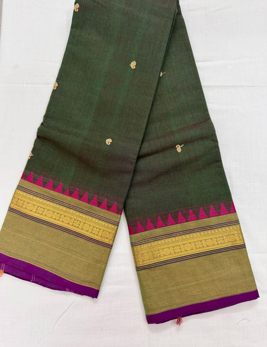 Green Pure Cotton Saree with Purple and Golden Border