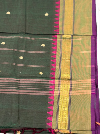 Green Pure Cotton Saree with Purple and Golden Border 