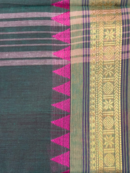 Green Pure Cotton Saree with Purple and Golden Temple Border