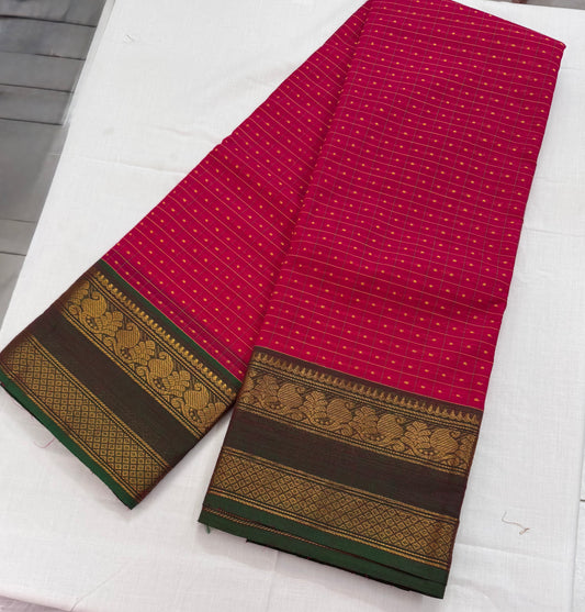 Red Pure Cotton Thousand Butta Saree with Green Border
