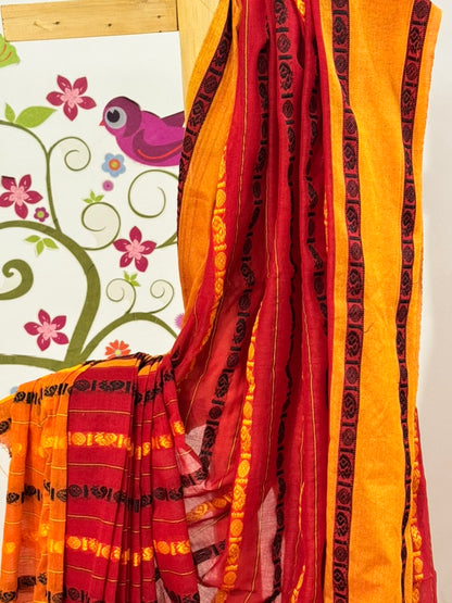 REKHA :BLACK AND RED COTTON SAREE WITH RUDRAKSHA MOTIF