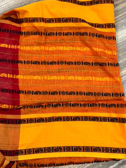REKHA :BLACK AND RED COTTON SAREE WITH RUDRAKSHA MOTIF